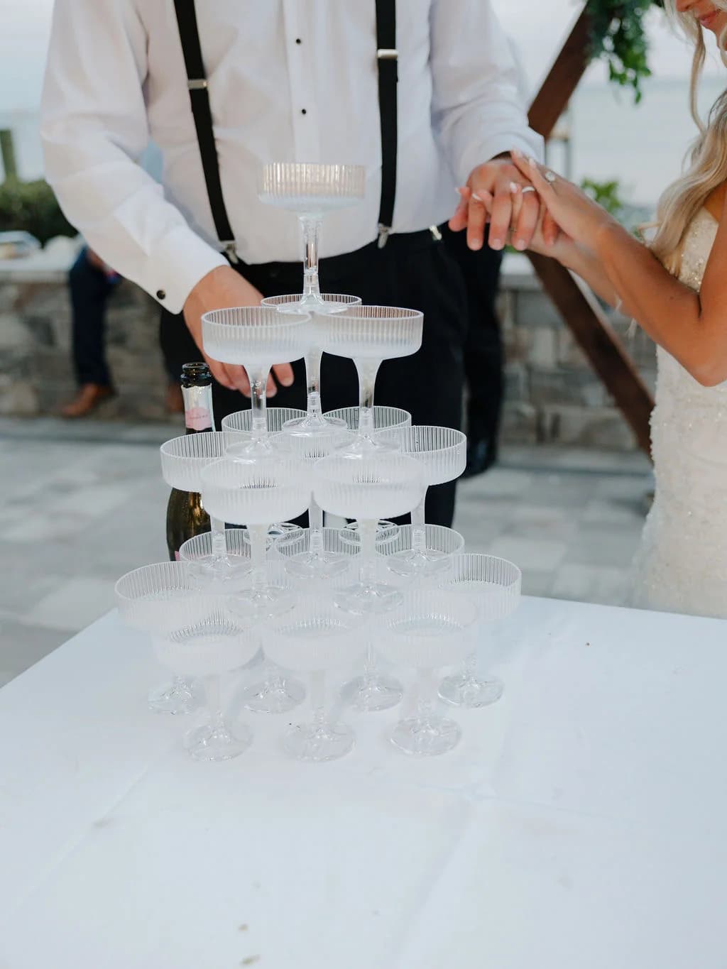 Completed champagne coupe tower at a wedding reception